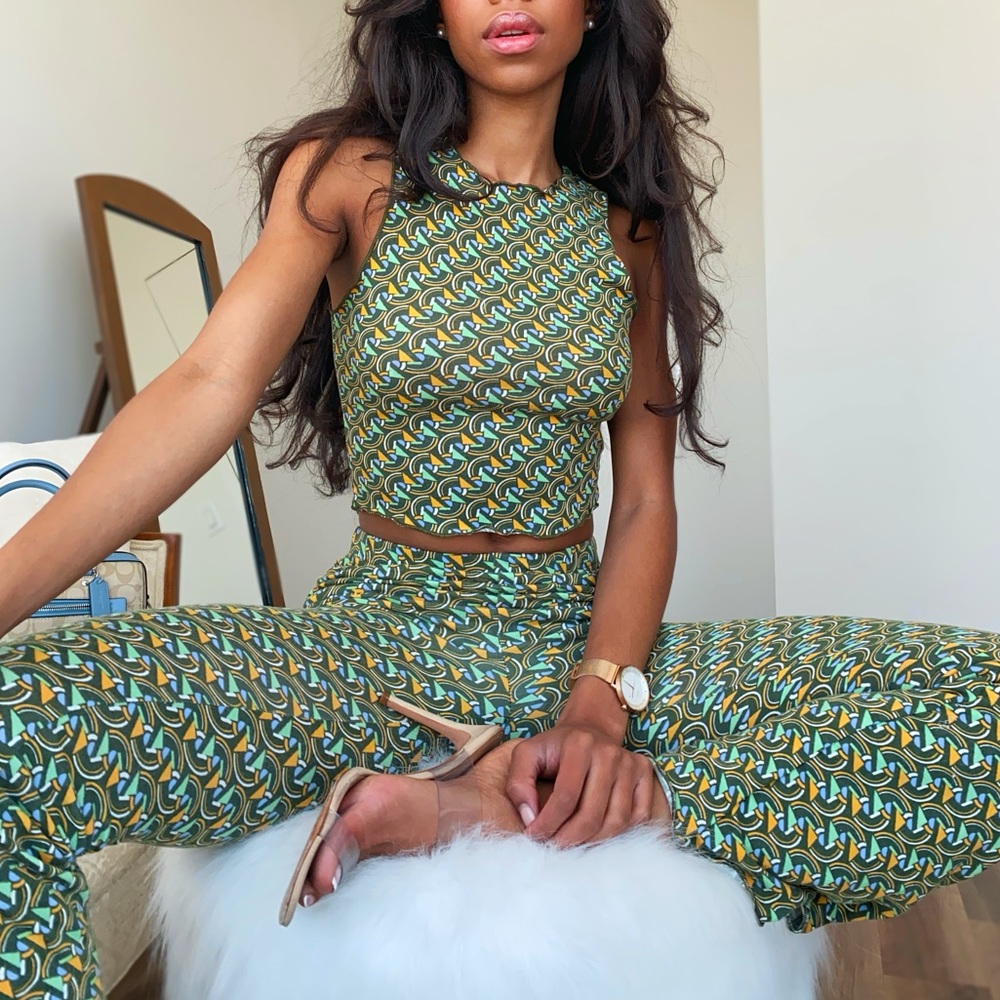 Zara Olive Green Geometric Crop Top & Slim Pants Set